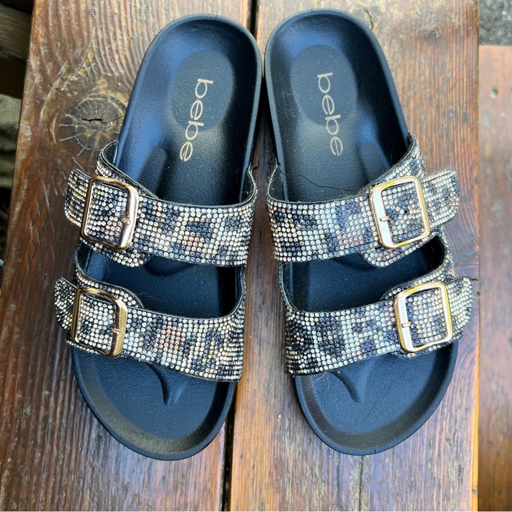 BEBE SPARKLY CHEETAH SLIDES SANDALS  SIZE 37  NEW - Picture 6 of 12